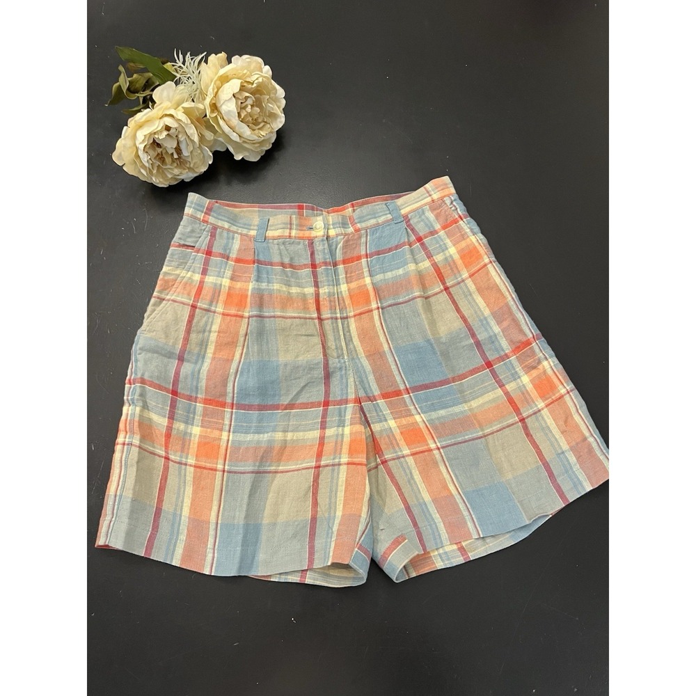 Lauren Ralph Lauren Vintage 100% Linen Blue Hi-Rise Plaid Shorts Sz 10 See Dets